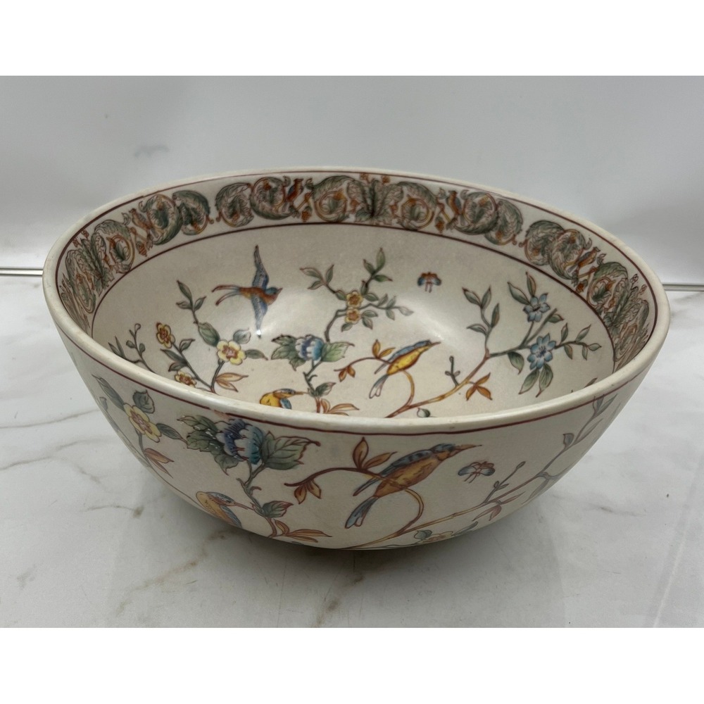 Vintage Chinoiserie Ceramic Bowl 10in Bird and Floral Decorative Crackle Glaze